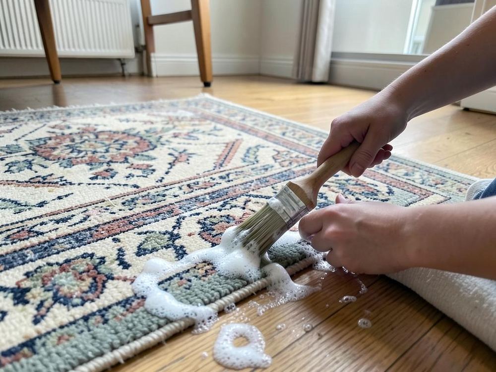 Nettoyage manuel d'un tapis avec brosse et mousse